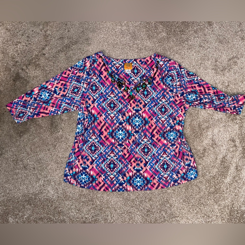 Ruby Rd‎ Pink and Blue Graphic Blouse with 3/4 Sleeves